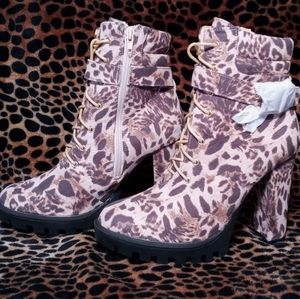 Leopard Animal Print Lace Up Combat Heeled Boots